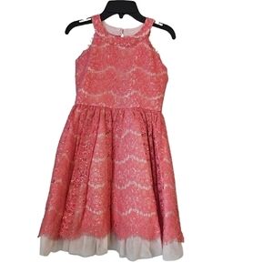 Rare Editions Lace Party Dress Formal Pink Coral Size 10 Apron Neck